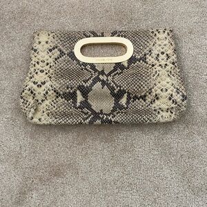 Michael Kors Snake-Print Beige and Black Leather Clutch with Gold Trim